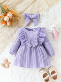 Autumn Baby Girl Long sleeved Dress Purple Ruffled Butterfly Fress+Headband 2Pcs/Set for Cute Female Babies aged 0-24 Months