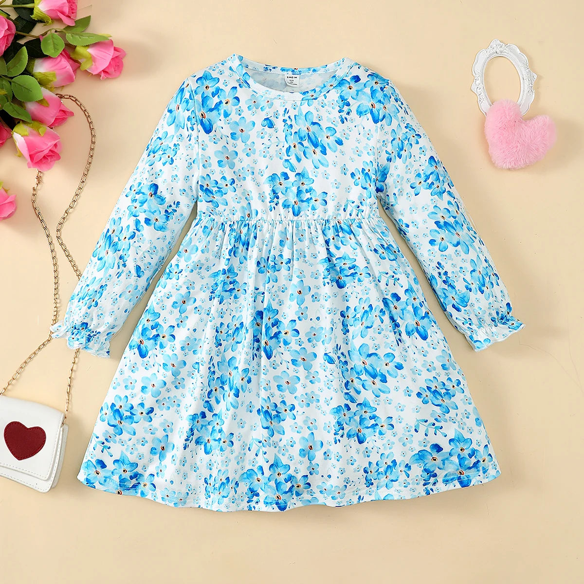 Children Girls' Autumn Dress Blue Tie-dyed Floral Long sleeved Dress Suitable for Daily Casual Clothing of 2-7Year-old Girls