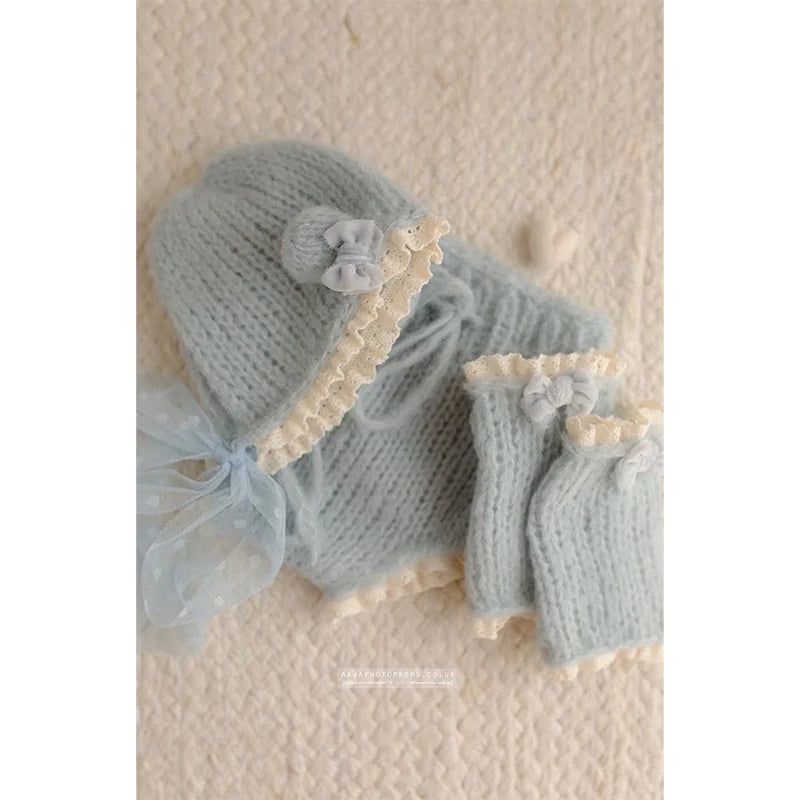 Newborn Photography Outfit Knitted Baby Bonnet Hat Shorts Wrist Wrap Set Infant Girl Photoshoot Props Lace Bow Studio Costume