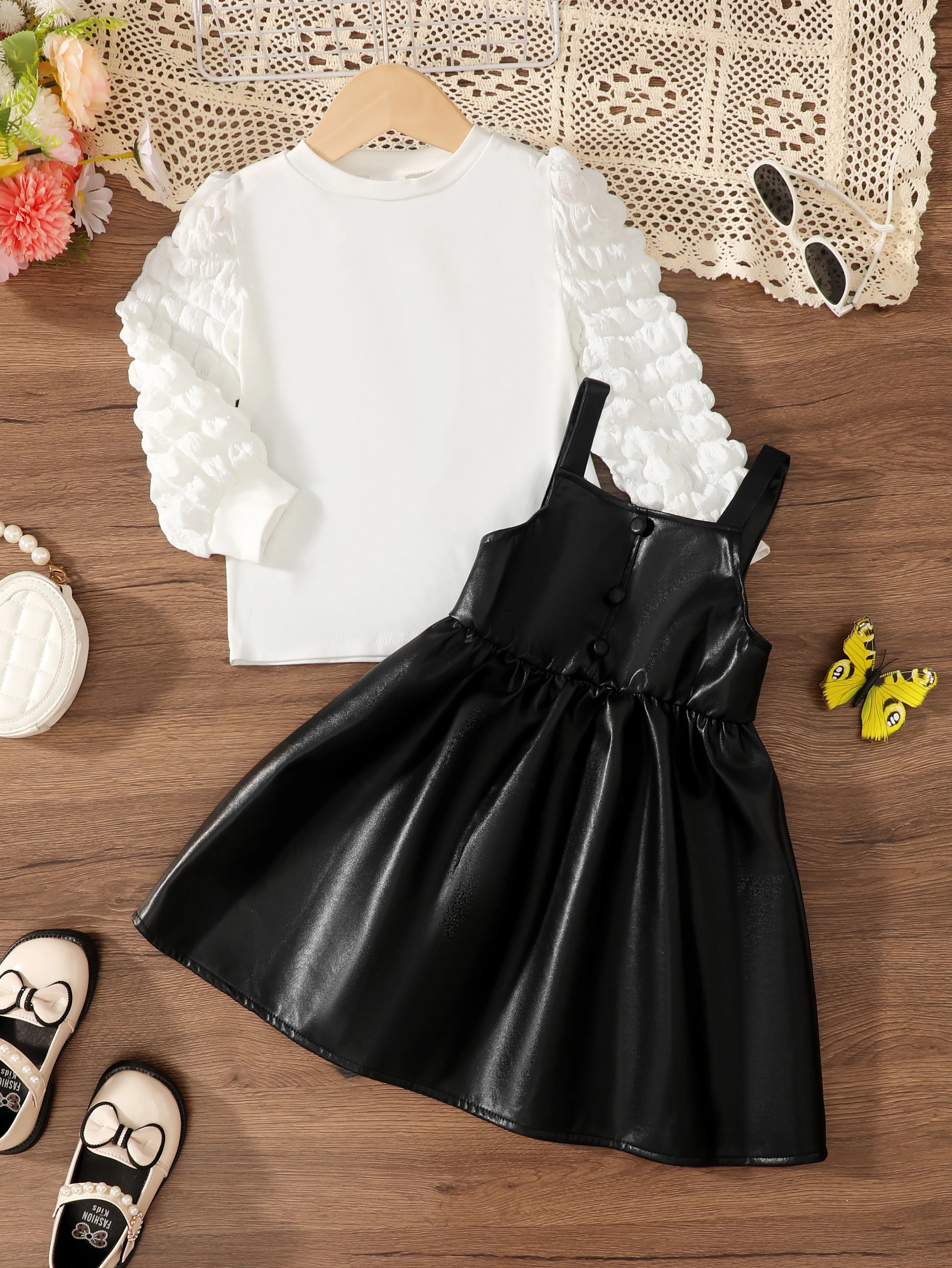 2pcs Children Girl Round Neck White Top+Black Strap Leather Skirt Set fit 4-7 Year Old Girls' Party Fashion Clothing