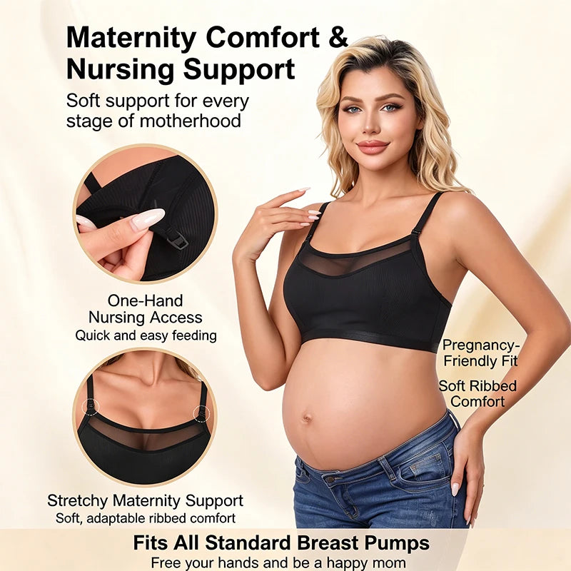 Maternity Nursing Bra Wire Free Ribbed Mesh One Hand Quick Clip Breastfeeding Bra Support Fit Breast Pumps Pregnancy Underwear
