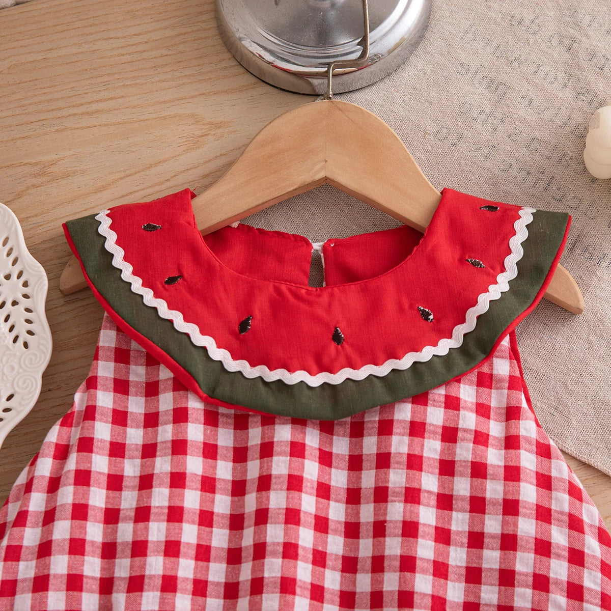 Baby Girl Dress Summer Cotton Solid Color Grid Watermelon Round Neck Sleeveless Girl Dress Cartoon Cute Beach Baby Girl Clothing