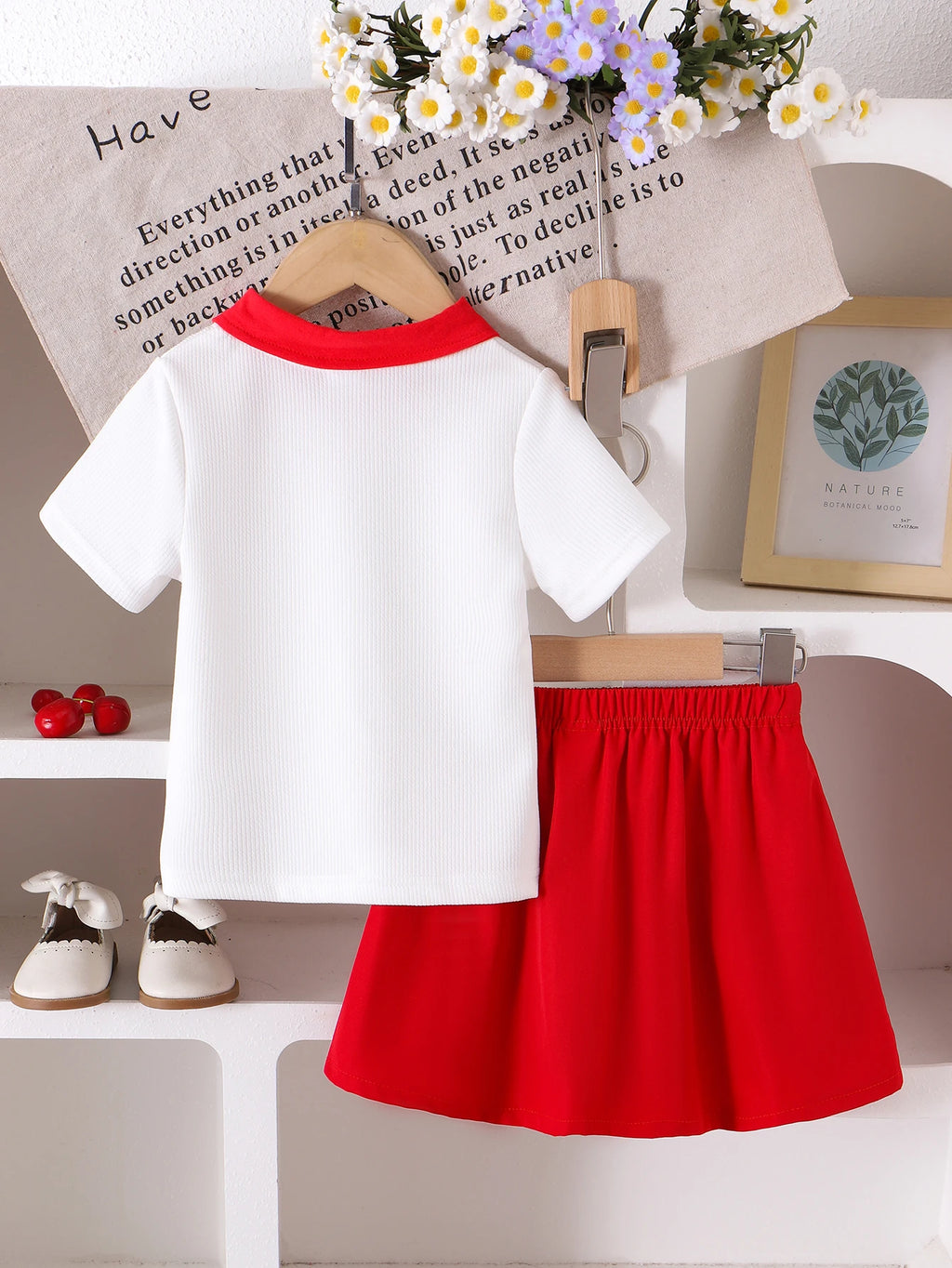 2pc Summer Cross-Border New Style Girls Are Comfortable and Cute 2-7 Years Old Red Collar White Short-Sleeved T-Shirt + Red Skir
