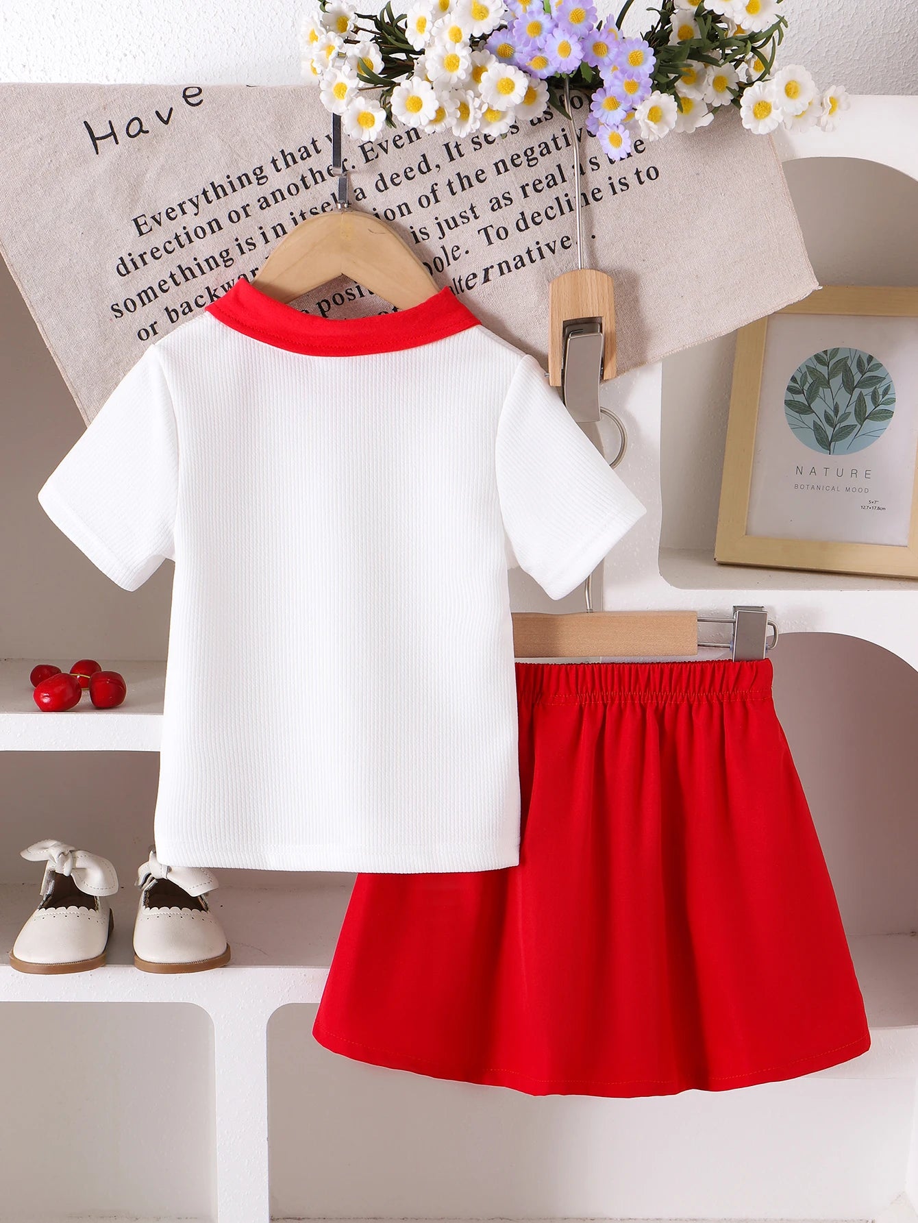 2pc Summer Cross-Border New Style Girls Are Comfortable and Cute 2-7 Years Old Red Collar White Short-Sleeved T-Shirt + Red Skir