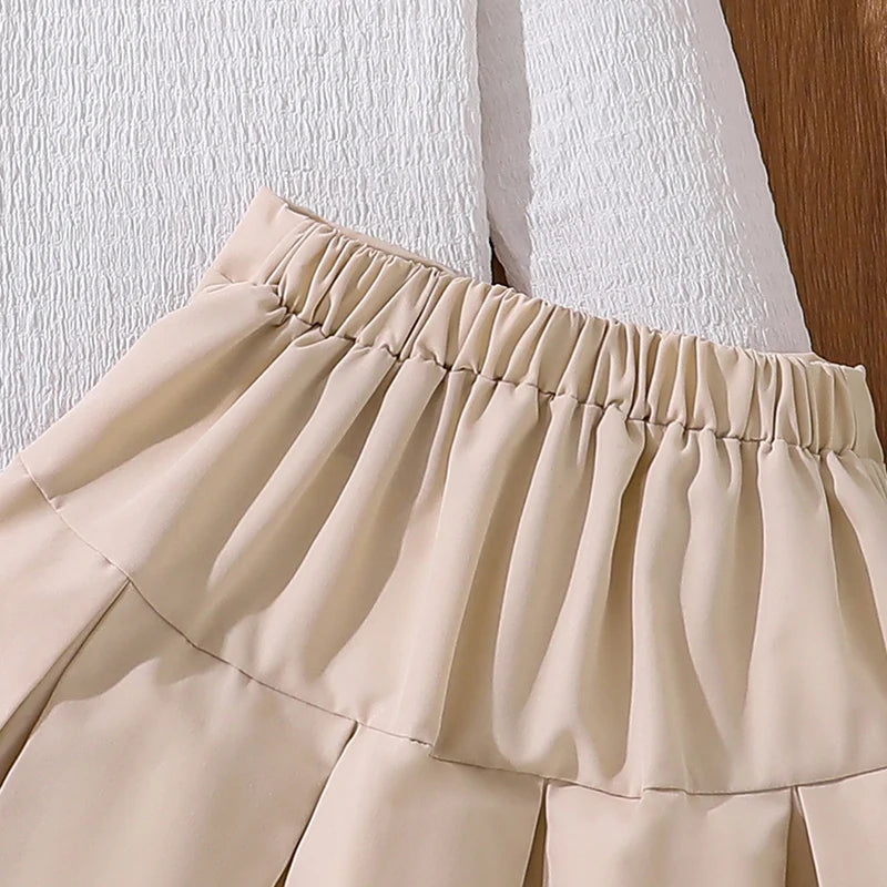 Kids Fashion Clothes Sets For Girls White Long-Sleeved Top And Beige Skirt Elegant Vacation Holiday Party Dress Graduation Suit