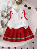 Two piece set of baby girl heart embroidered POLO collar sleeveless top and woven casual pleated short skirt with sweet and cool