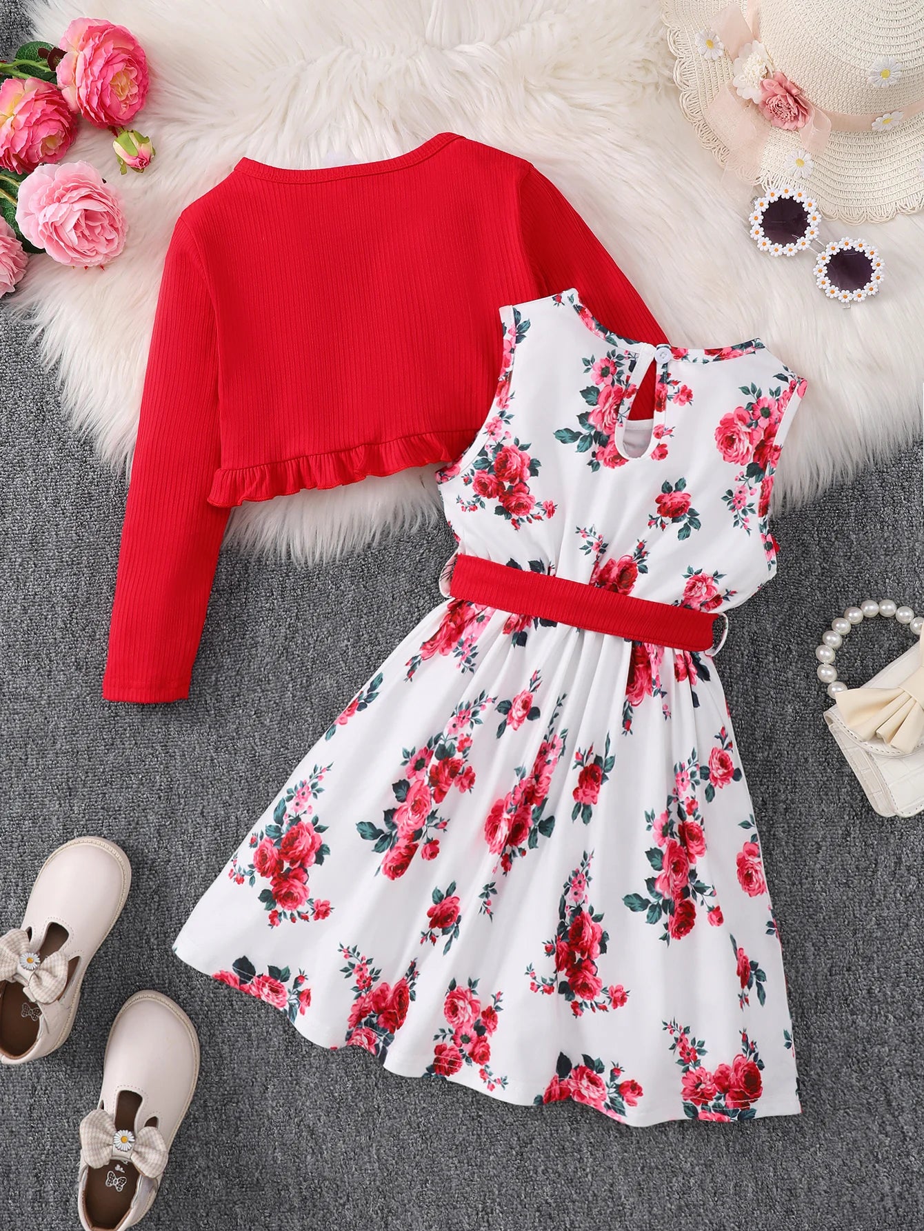 Children's clothing girls' Dress Pretty Flower Sleeveless Dress+ Shawl+belt 3Pcs/Set 4-7 Year Girls' Spring Autumn Fashion Dress