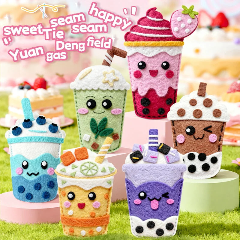 DIY Sewing Toys for Kids, Make Milk Tea Ocean Animal Plushie Craft Set Handmade Fabric with Holes and Threads Gifts