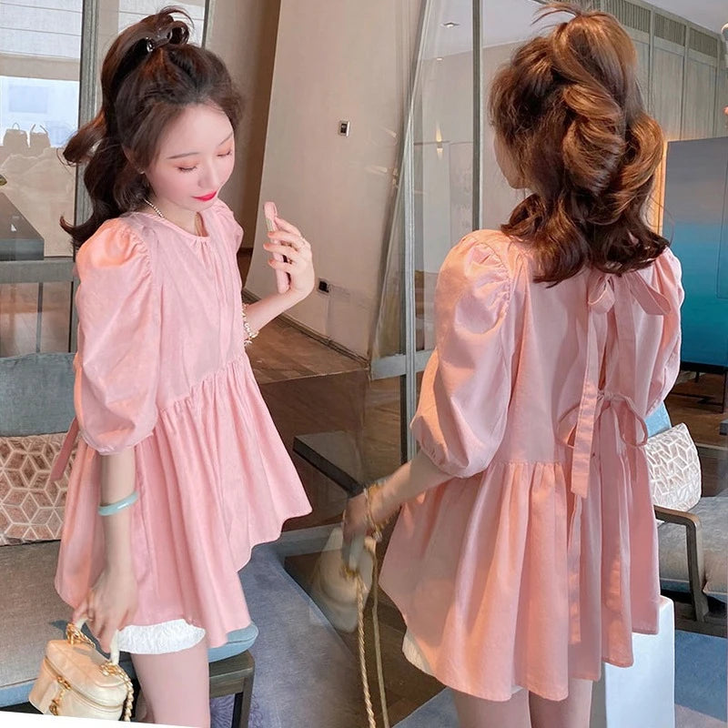 2025 Summer Maternity Pink Shirts Puff Sleeve O-neck Bowknot Hollow Out Backside Pregnant Woman Blouses Sweet Pregnancy Top Tees