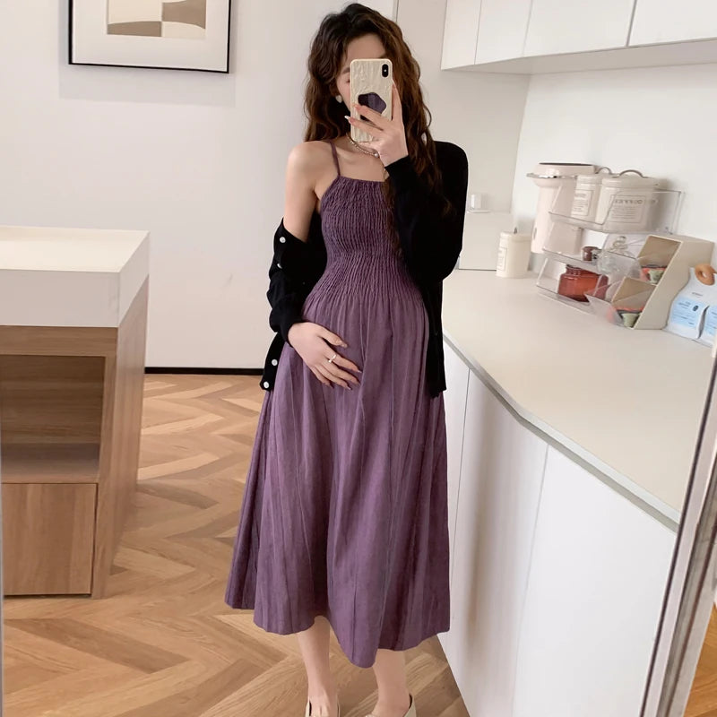 2026 Spring Maternity Dress Suits Long Sleeve Cardigans Strap Dress Twinset Pregnant Woman Clothing Set