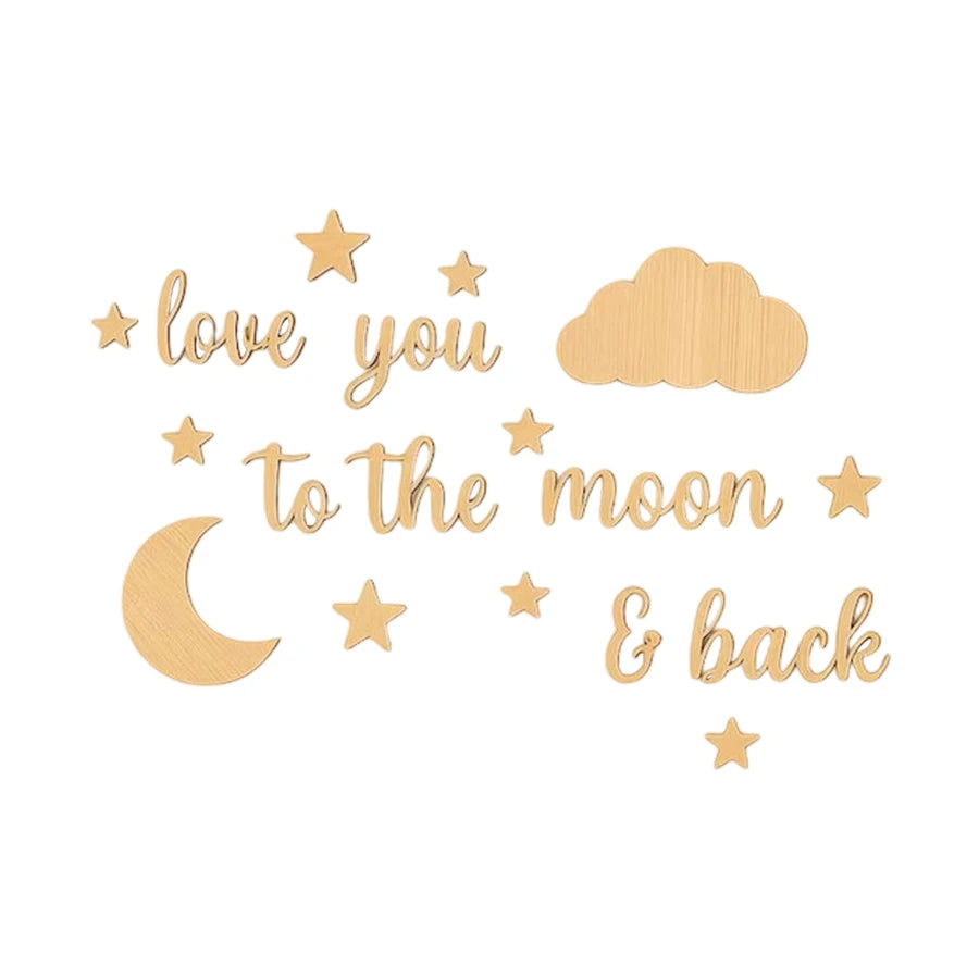 18Pc Natural Wood "Love You to the Moon" Letter Wall Stickers Children's Room Star and Moon Cloud Decoration Set Nordic Style Wooden Star and Moon Letter Wall Decor Baby Room Warm Love Message Soft Decoration Wooden Wall Stic