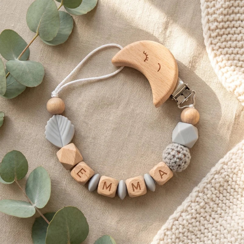 Personalized Baby Pacifier Clip with Name – Silicone & Wooden Bead Teether Soother Holder