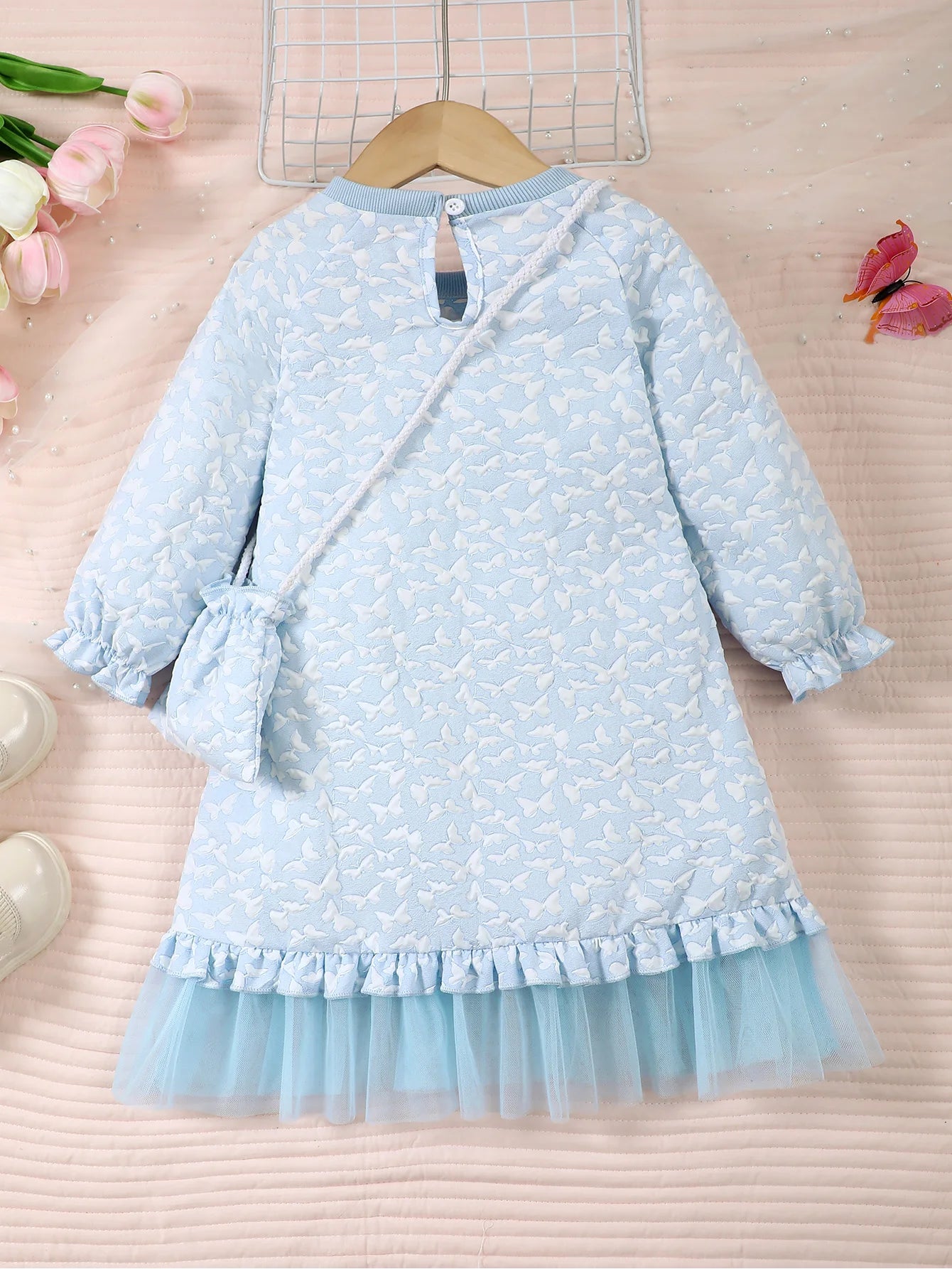2Pcs Kid girls' Long sleeved Dress Embossed Butterfly Print Chiffon Ruffled Edge Dress and Mini Bag Set for Girls' Autumn Dress