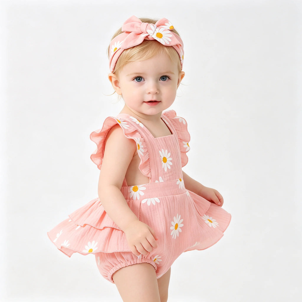 Baby Girl 2Pcs Summer Outfit Daisy Print Ruffle Flutter Sleeve Backless Romper with Headband Cute Infant Set for Daily Wear