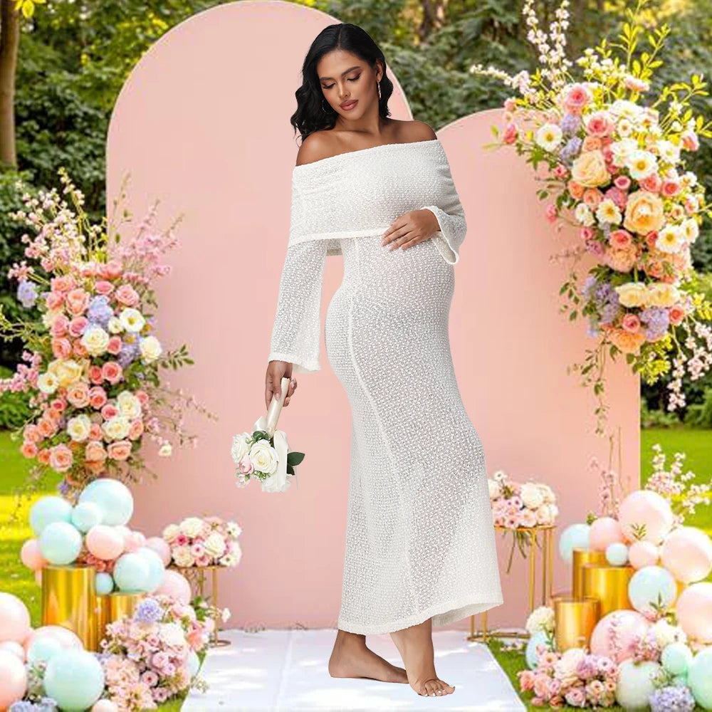 Maternity Off Shoulder Long Sleeves Semi-Sheer Knit Solid Dress for Baby Shower Party Photoshoot