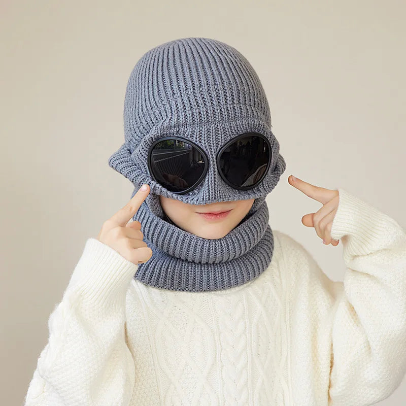 Skiing Children Winter Hat Scarf Set Knitted Kids Beanie with Goggles Ears Protection Child Bonnet Hats for Girls Boys 4-10Y