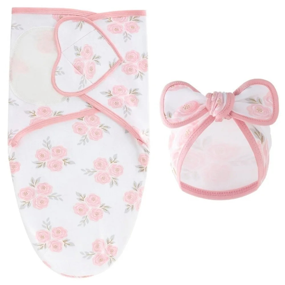 Bowknot Infant Swaddle Blanket Hat Set for Newborn Photography, Soft Cotton, Flower Pattern