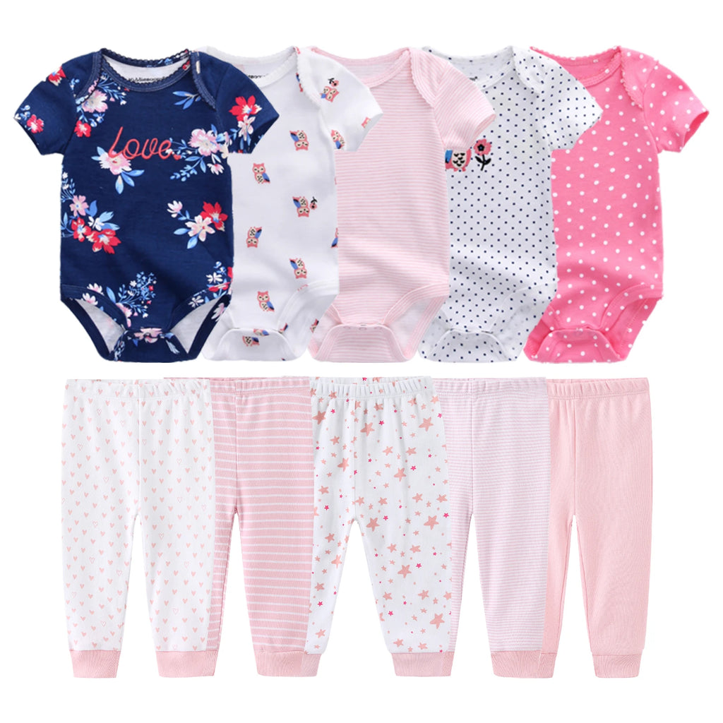 10-Pack Cartoon Cute Baby Clothing Set Newborn Boy Girl Bodysuits+Pants Four Seasons Infant Outfits