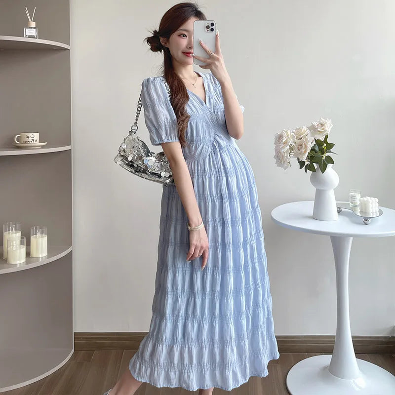 French Style Summer Maternity Pleated Dress High Waist V-neck Short Sleeve Pregnant Woman Elegant Dress Pregnancy Clothes Loose