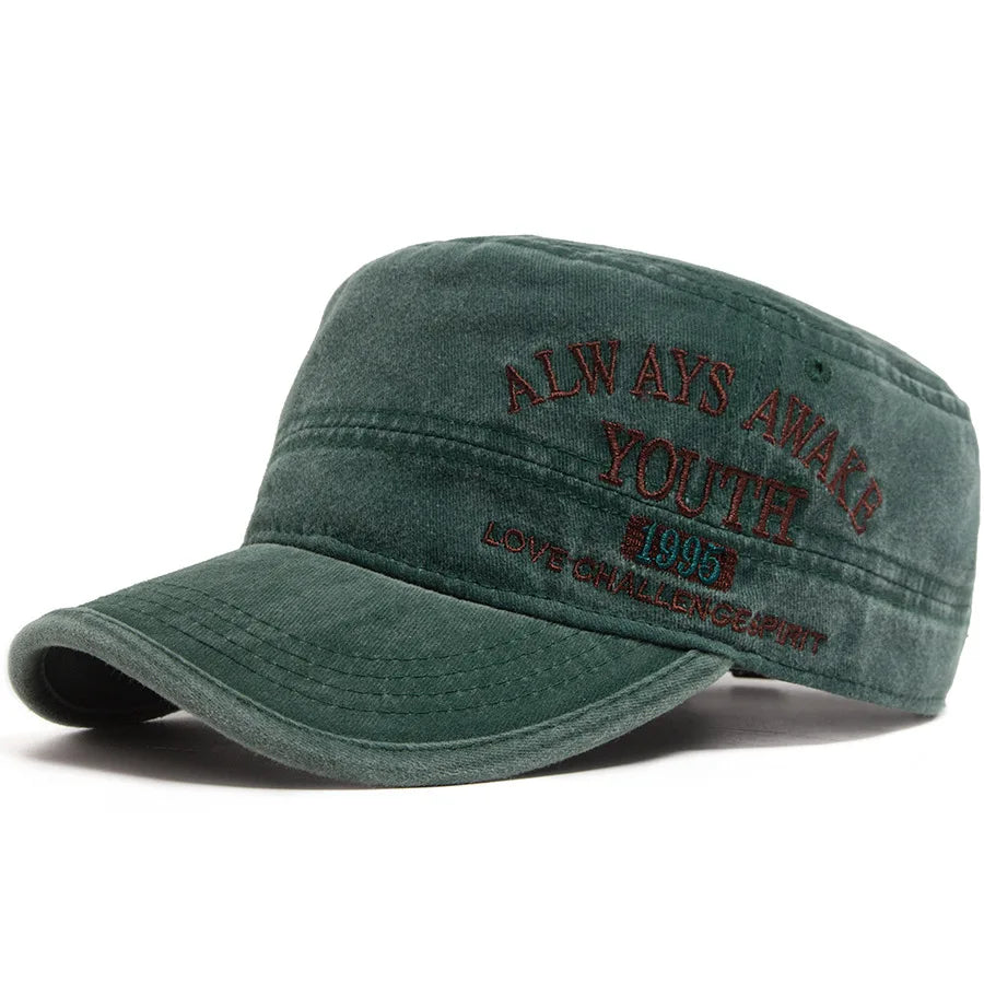 Washed Embroidered Letter Military Cap Vintage American Style Men's Flat Top Hat Sunshade Outdoor Casual Hat for Women Summer