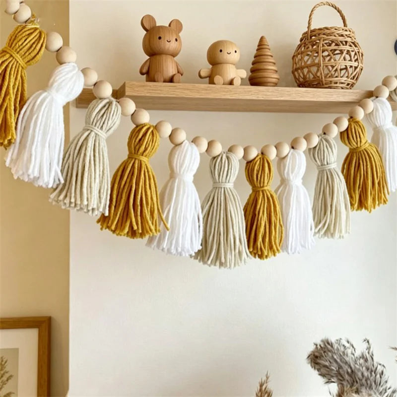 Bohemian Yellow Wooden Bead Tassel Garland Banner