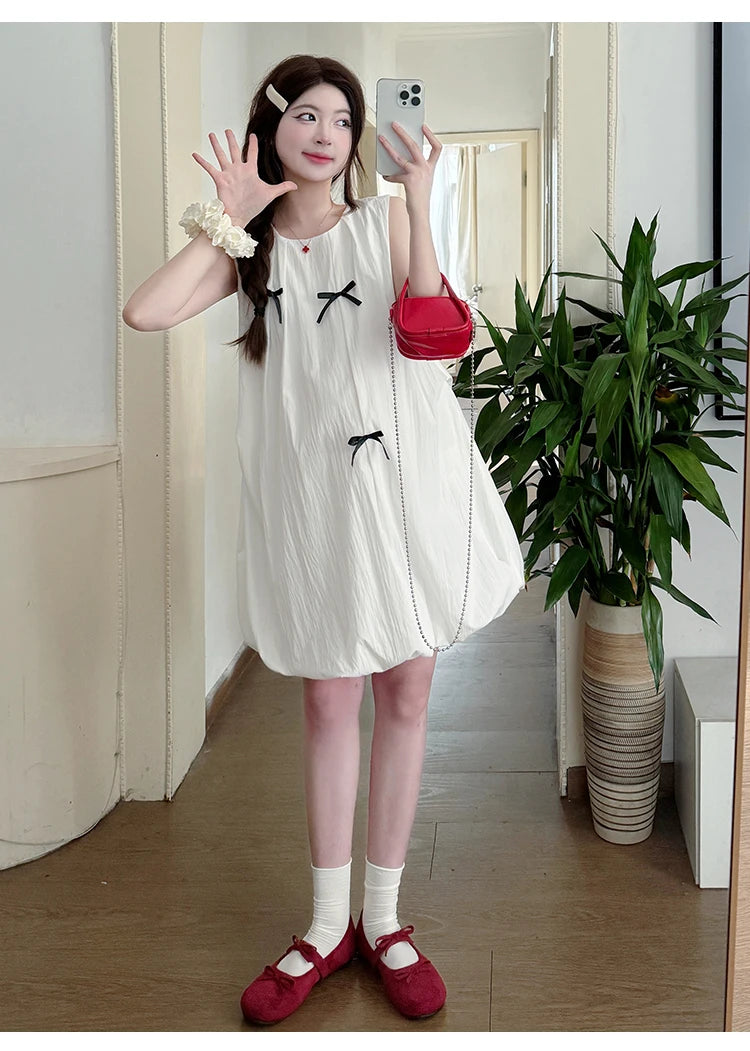Korean Style Maternity Mini Dress Sleeveless White Pregnant Woman Bud Dress Fashion Short Lady Loose Fashion Dress with Bowknot