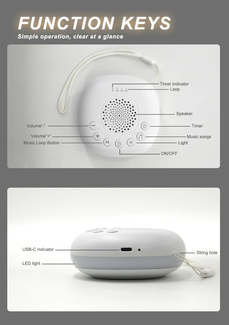 2-in-1 White Noise Sound Machine USB Portable Baby Sleep Machine 20 Soothing Sound LED Night Light Built-in Rechargeable Battery