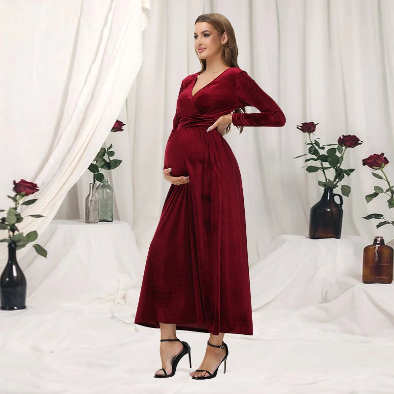 Maternity Photography Dress Velvet Long Sleeves V-Neck High Waist Gown For Wedding  Baby Shower Photo Shoot