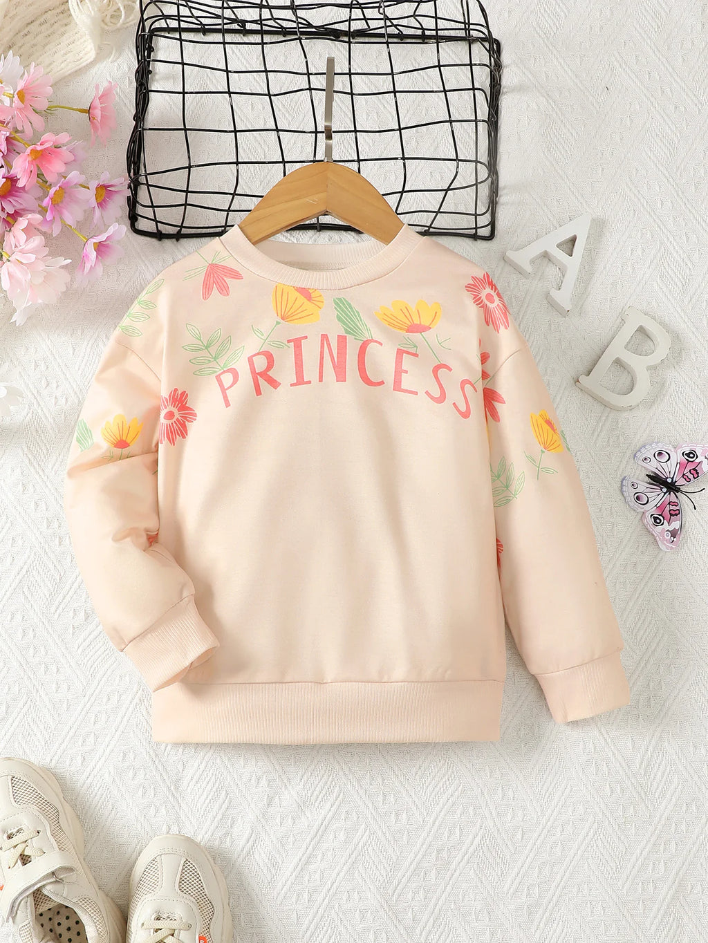 4-7 Year old Girls' Autumn Hoodie Round neck Flower Letter printed Long sleeved Casual Top for Children and Girls' Clothing