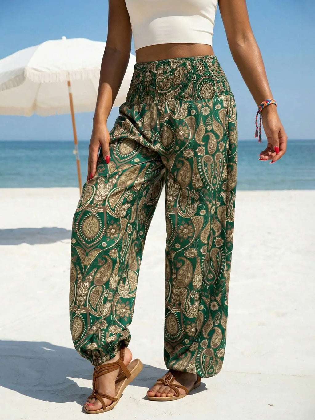 Women's Dressy Capris with Green Paisley Print Smocked Waist Wide Leg for Bohemian Beach Casual Wear
