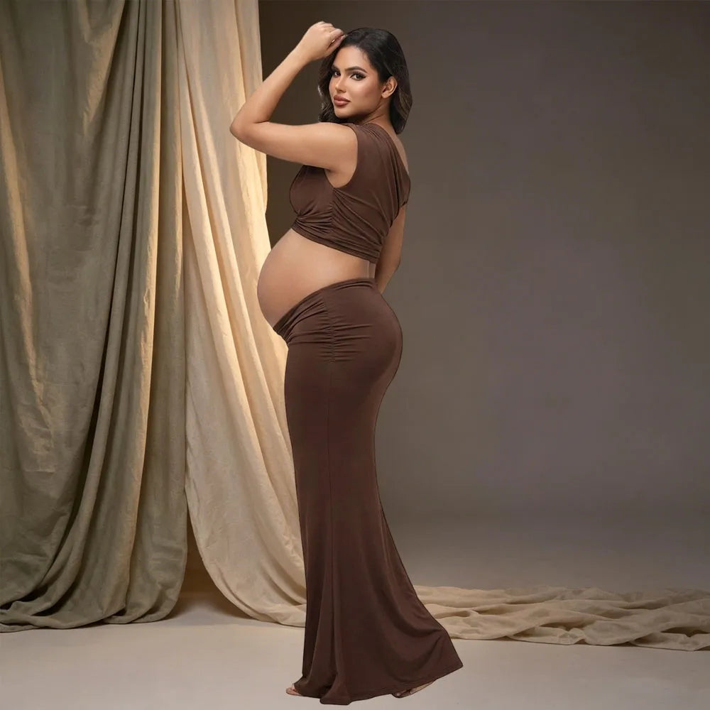 Summer 2 Piece Set Maternity Women's One Shoulder Sleeveless Photography Outfits Cutout Maxi Gown for Baby Shower Photoshoot