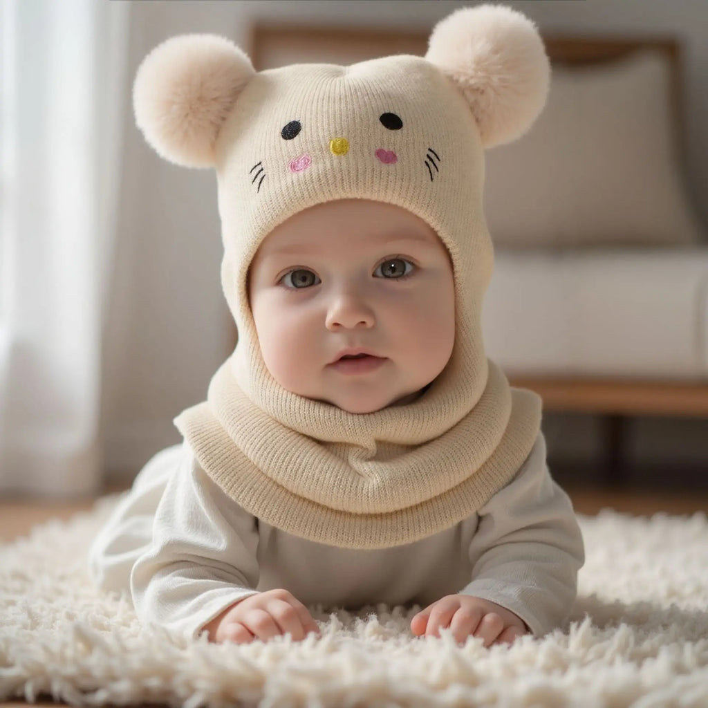 0-3Y Kids Balaclava Toddler Beanie Double Balls Baby Cat Stretchy New Born Girls Boys Beanies Winter Hats for Cold Weather Gear