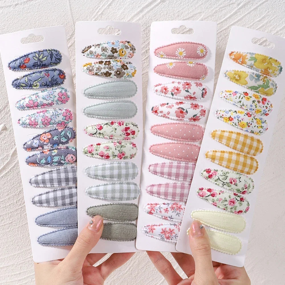 10pcs/set Baby Kids Fresh Print Cotton Alloy Hair Clips Fabric Plaid BB Hairpins Toddler Hairgrips Headwear Hair Accessories