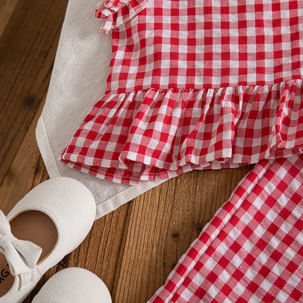 2pc/Set Girls' Outfit Set Summer Checkered Cotton Top And Shorts Baby Girl Clothing Cute Beach Baby Outfit Set