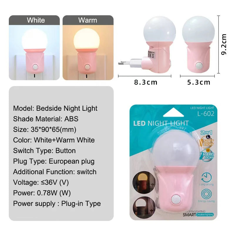 Bedside Night Light Lamp For Kids 220V LED Plug In Wall Light EU Plug White And Warm White 35x90x65mm