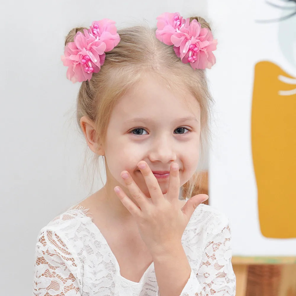 2Pcs Kids Hair Bands Set for Girls Elastic Rubber Bands Chiffon Flowers Beads Ponytail Holder Children's Hair Accessories Gift
