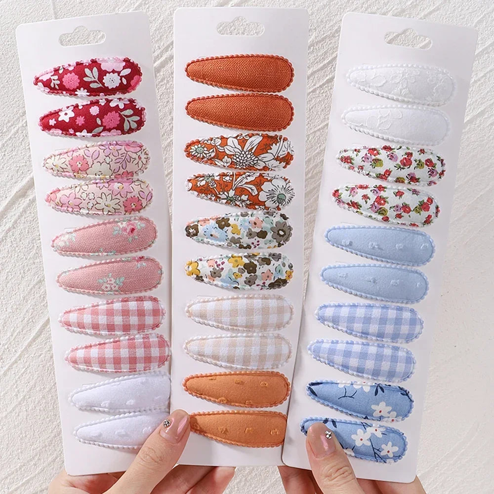 10pcs/set Baby Kids Fresh Print Cotton Alloy Hair Clips Fabric Plaid BB Hairpins Toddler Hairgrips Headwear Hair Accessories