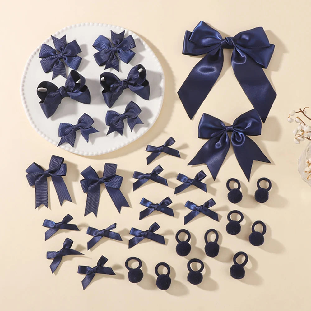 30Pcs/set Back To School Hair Bows Clip Hairband Set for Girls Navyblue White Ribbon Hair Clips Hair Rope Kids Hair Accessories