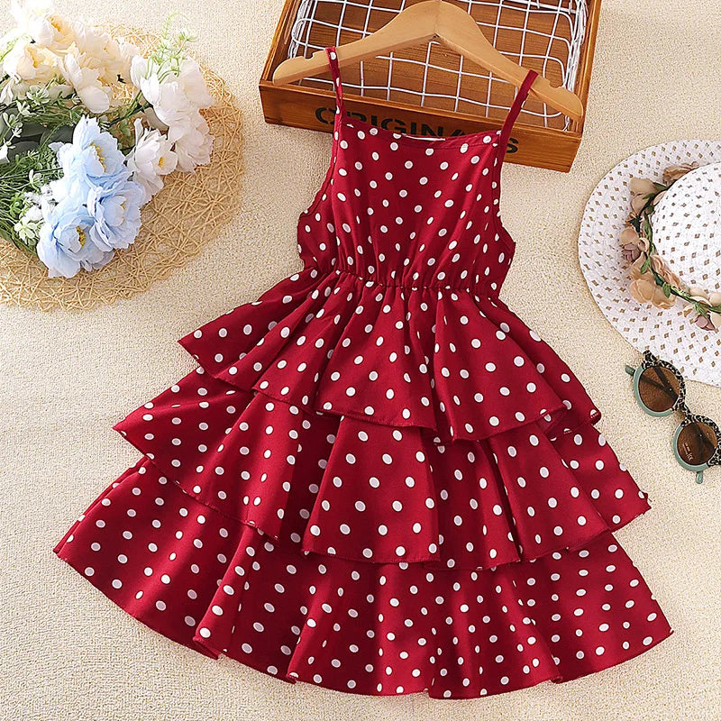 Princess Dress for Kids 4-12 Years Summer Polka Dot Cake Dress For Girls Formal Dresses Birthday Hosting Party Beach Vacation