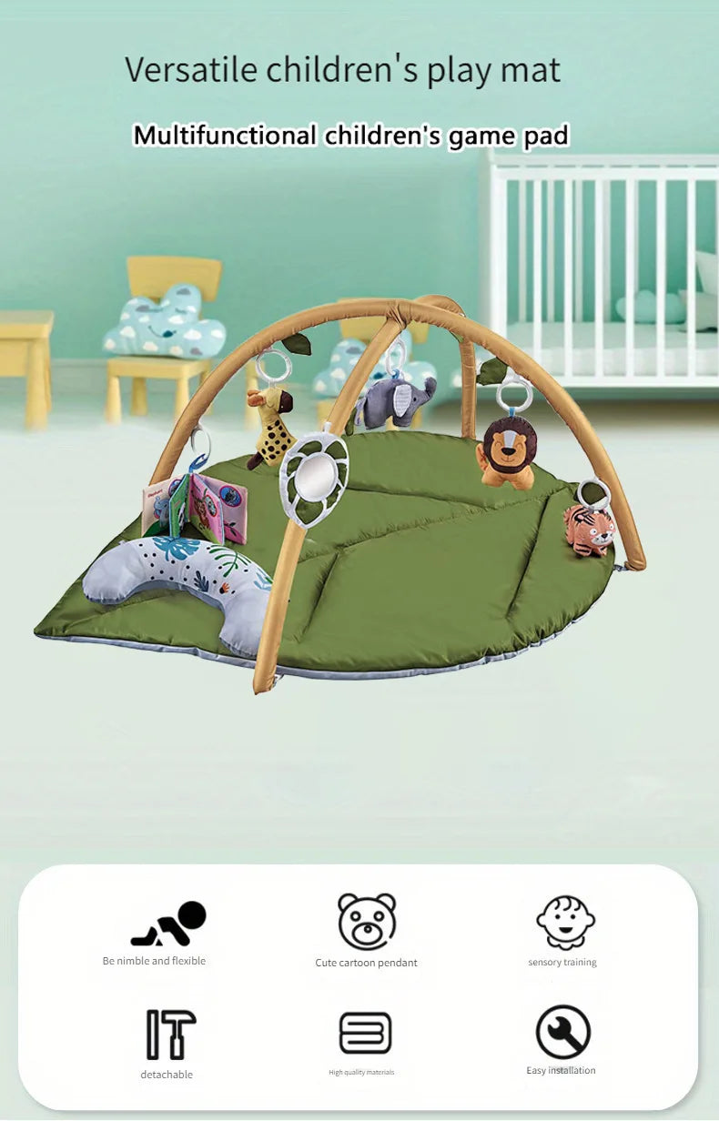 Baby Activity Gym Play Mat Leaf Shaped Crawling Rug with Mirror Sensory Hanging Toys Cloth Book Tummy Time Pillow 0-18M