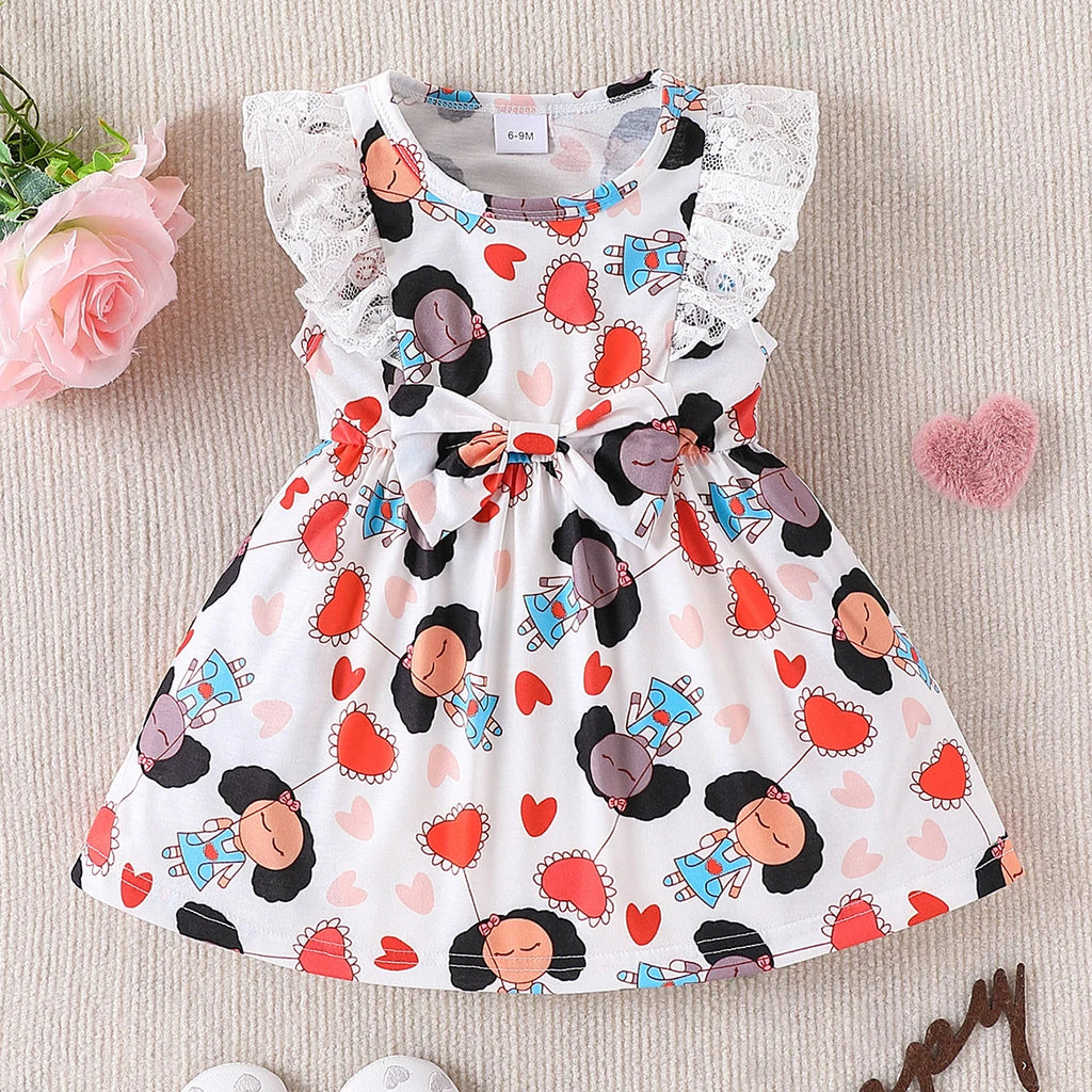 Summer Fashion Baby Girl Full Body Printed Lace Vest Dress with Bow Decoration round Neck Lace Decoration