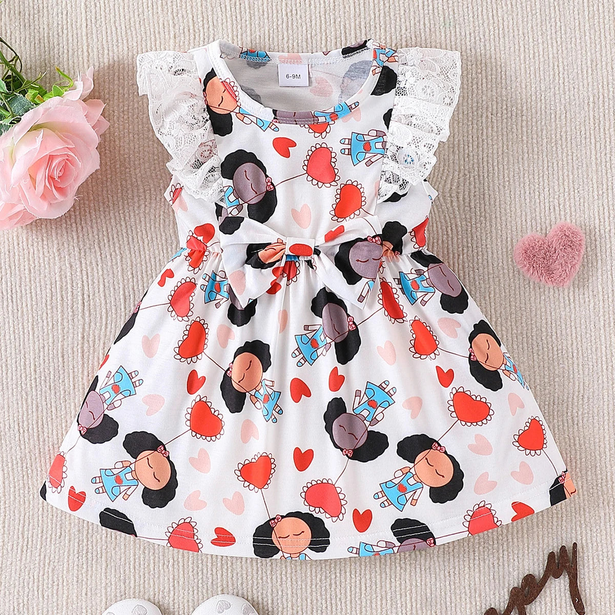 Summer Fashion Baby Girl Full Body Printed Lace Vest Dress with Bow Decoration round Neck Lace Decoration