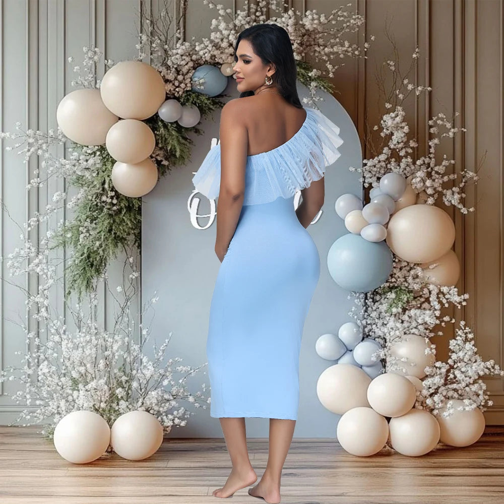 Maternity One-Shoulder Mesh Ruffled Collar Summer Midi Dress  for Party Baby Shower Photoshoot
