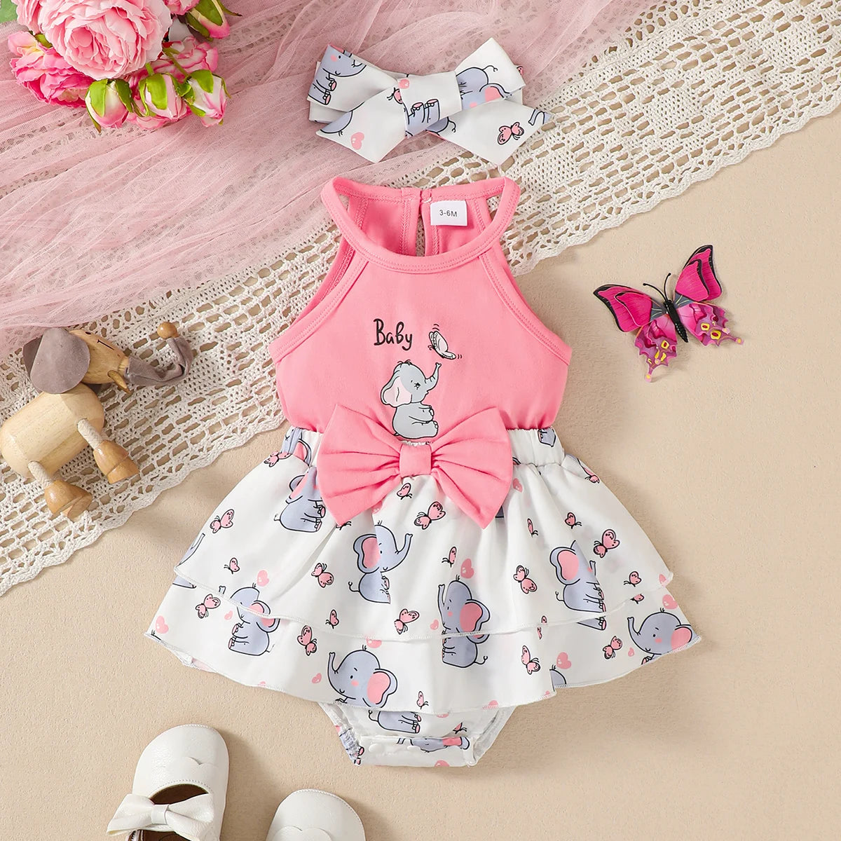 Baby girl Summer Sleeveless Bodysuit Pink Bow Cute Elephant Print Fashionable Bodysuit suitable for 3-24 Months Baby girl