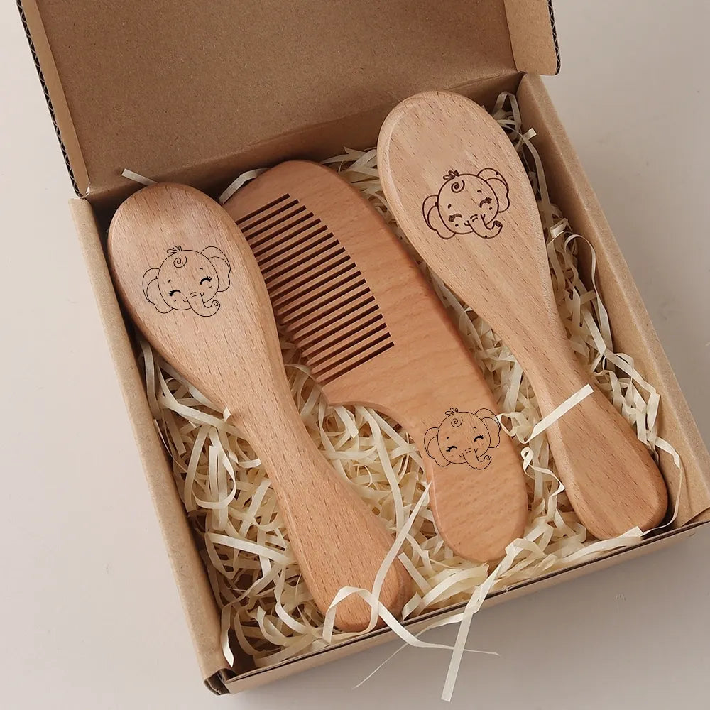 Custom Name Newborn Baby Hair Brush Set - Beechwood Comb & Soft Wool Brush - Natural Baby Grooming Kit & Gift