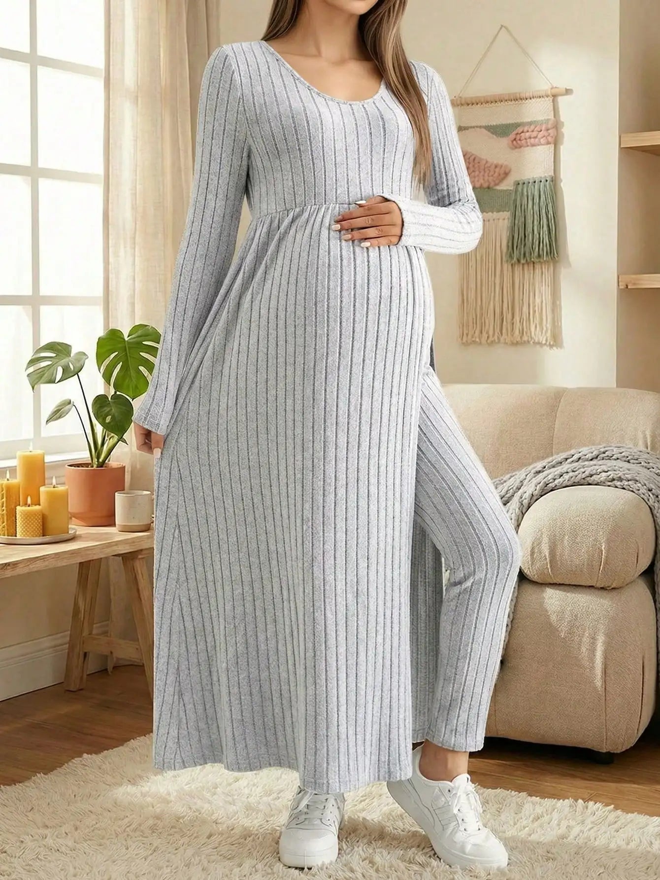 Maternity Women's Two Piece Sets and Outfits Long Sleeve Soft Ribbed Longline Casual Home Lounge Pants Set