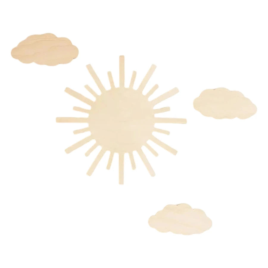4Pcs Scandinavian Style Wooden Sun and Cloud Wall Decor Set Natural Wood Home Wall Art Decoration Neutral Bohemian Boys and Girls Room Decor Wall Decoration Sun