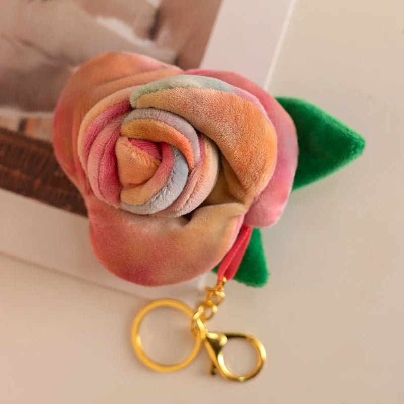Pretty Mini Rose Plush Toy Hanging Keychain Decor Soft Colorful Lifelike Rose Model R01
