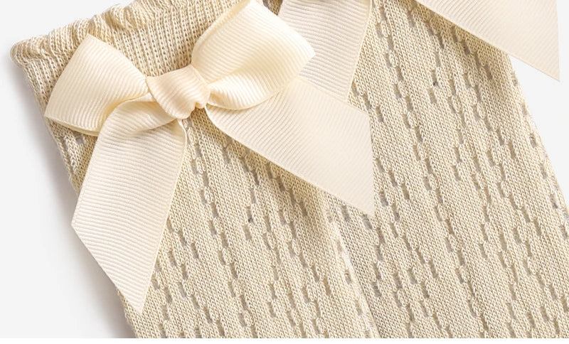 Summer Baby Girls Socks Toddler Bow Long Sock Kids Knee High Soft Cotton Mesh Stocking Spanish Style Hollow Out Lace Socks 0-3Y