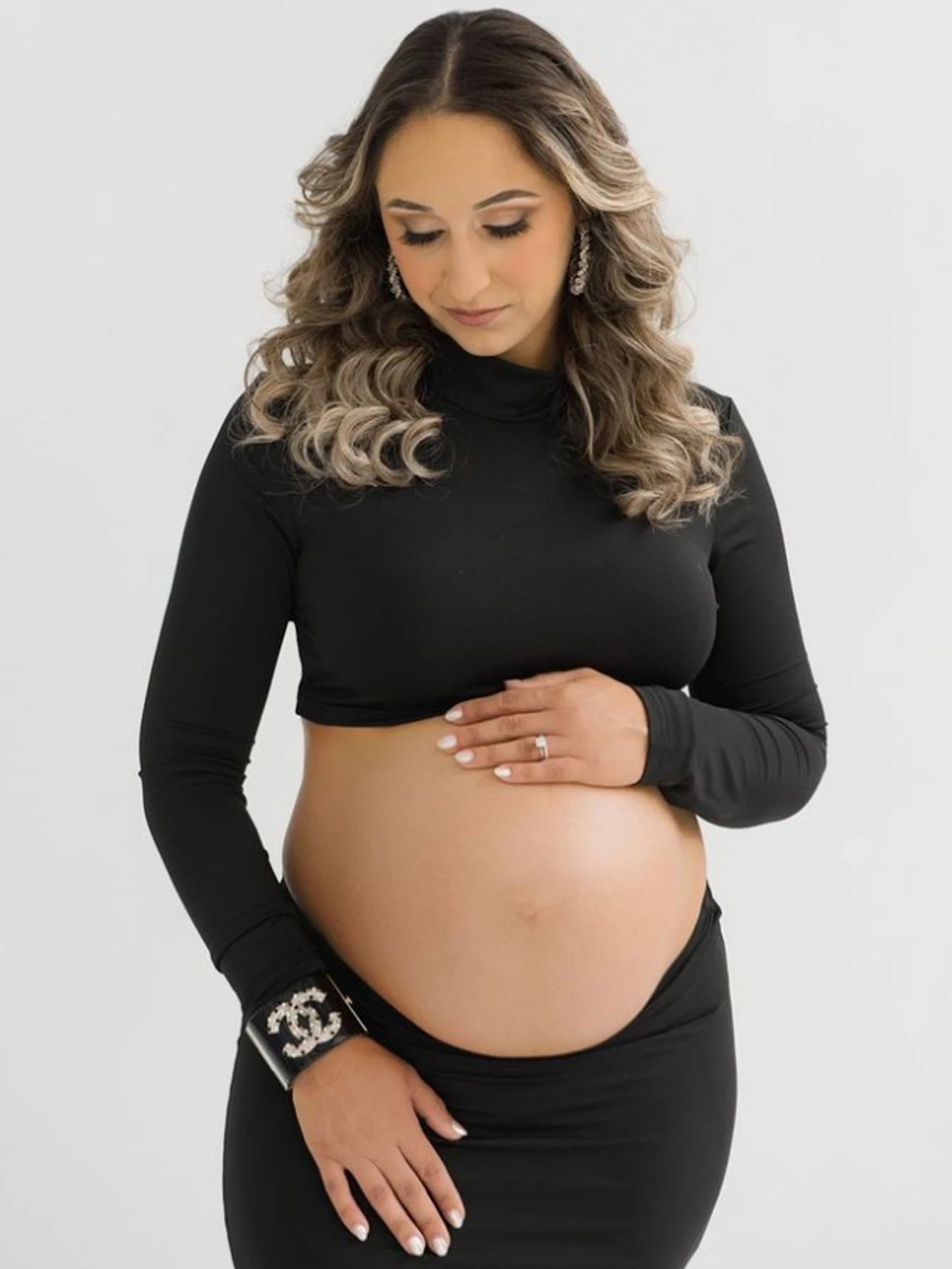 Maternity Mock Neck Long Sleeve Top Slim Maxi Skirt 2 Pcs Set Photoshoot Outfit  Wedding Party Pregnant Clothes